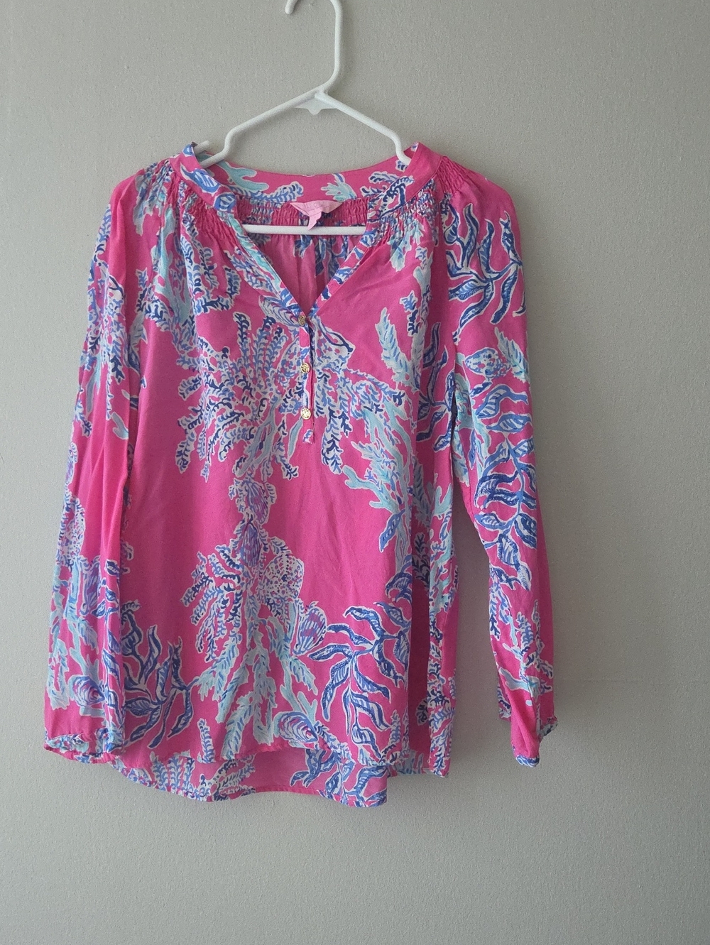 Lilly Pulitzer Pink Blue Floral 100% Silk V-Neck Tunic